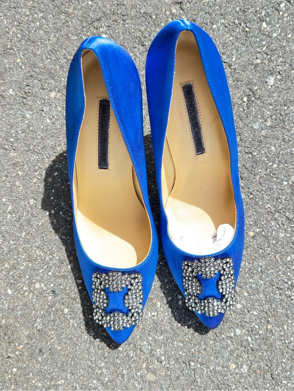 Manolo Blahnik Cobalt Blue Satin Pointed Toe Flats with Crystal Buckle